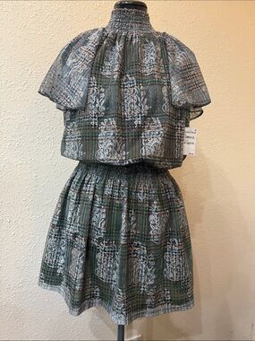 Ramy Brook Green Plaid Smocked Neck Dress